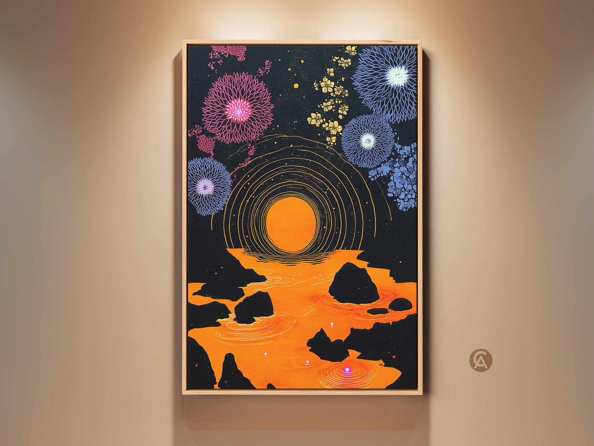 Framed eclectic wall art showcases a purple orange dandelion & fireworks abstract geometric canvas. The bedroom decor gift features a vibrant abstract floral print. The black background art ensures vivid color wall art. Add a unique wall hanging to your home.