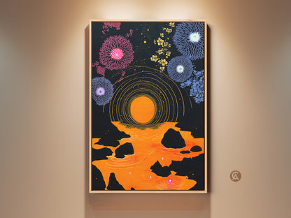 Framed eclectic wall art showcases a purple orange dandelion & fireworks abstract geometric canvas. The bedroom decor gift features a vibrant abstract floral print. The black background art ensures vivid color wall art. Add a unique wall hanging to your home.