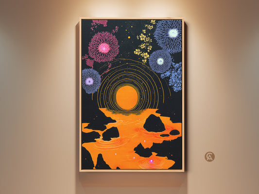 Framed eclectic wall art showcases a purple orange dandelion & fireworks abstract geometric canvas. The bedroom decor gift features a vibrant abstract floral print. The black background art ensures vivid color wall art. Add a unique wall hanging to your home.