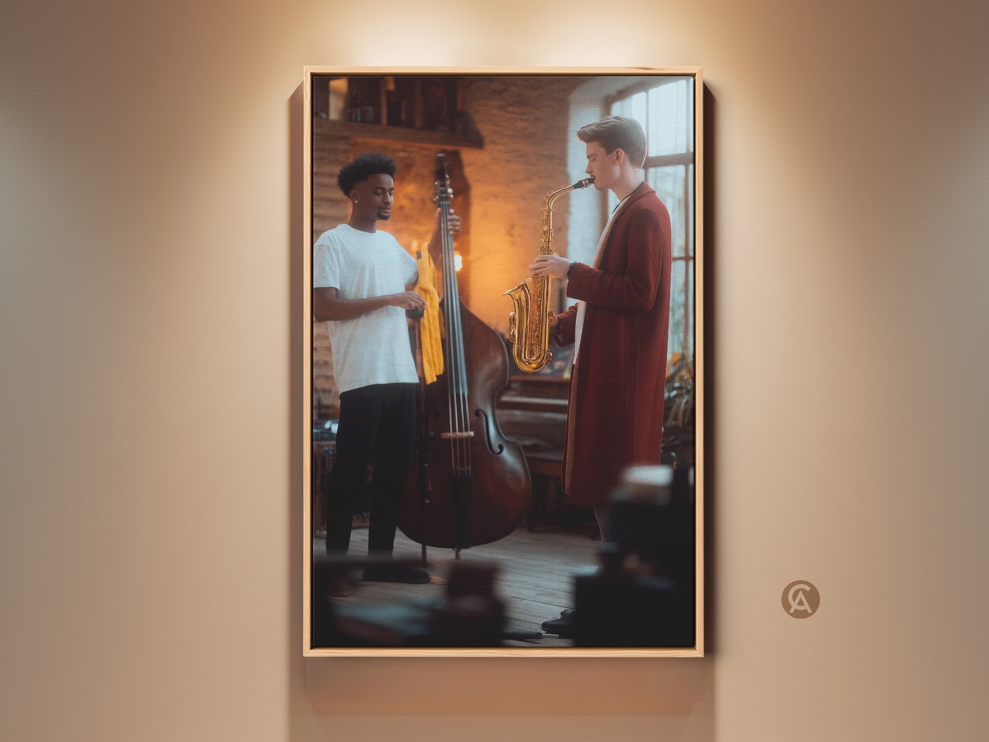 Explore this contemporary musicians art print featuring a saxophonist and bass player. Warm gold and brown tones enhance the musical theme. Perfect wall decor for a studio or office. This framed jazz print adds a touch of culture and is an ideal housewarming gift for music enthusiasts.