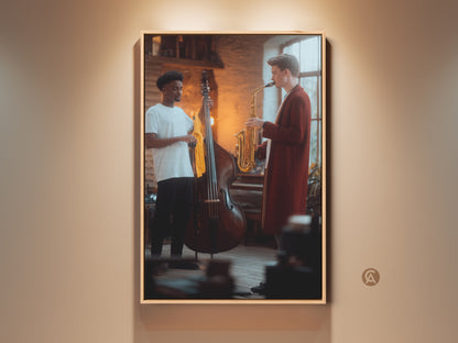 Explore this contemporary musicians art print featuring a saxophonist and bass player. Warm gold and brown tones enhance the musical theme. Perfect wall decor for a studio or office. This framed jazz print adds a touch of culture and is an ideal housewarming gift for music enthusiasts.