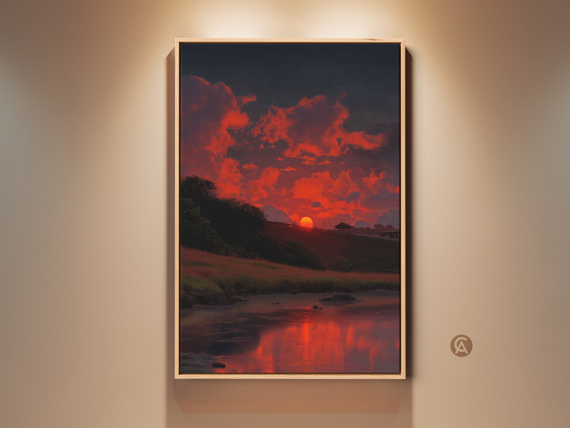 Framed impressionistic sunset canvas art is displayed. The fiery orange clouds and dark blue sky create a striking landscape. This nature wall decor makes a perfect housewarming gift. The reflection of the sunset on the water gives a tranquil effect. Bring the beauty of a coastal sunset into your living room with this scenic artwork.