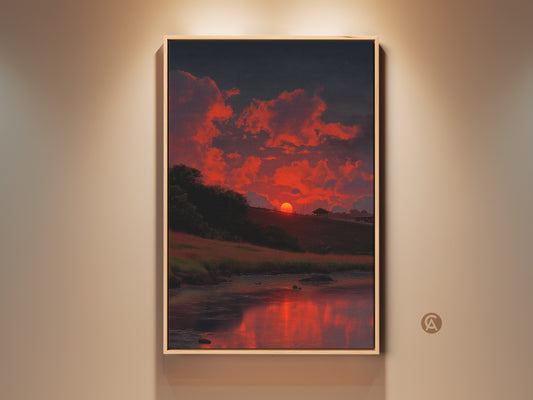 Framed impressionistic sunset canvas art is displayed. The fiery orange clouds and dark blue sky create a striking landscape. This nature wall decor makes a perfect housewarming gift. The reflection of the sunset on the water gives a tranquil effect. Bring the beauty of a coastal sunset into your living room with this scenic artwork.