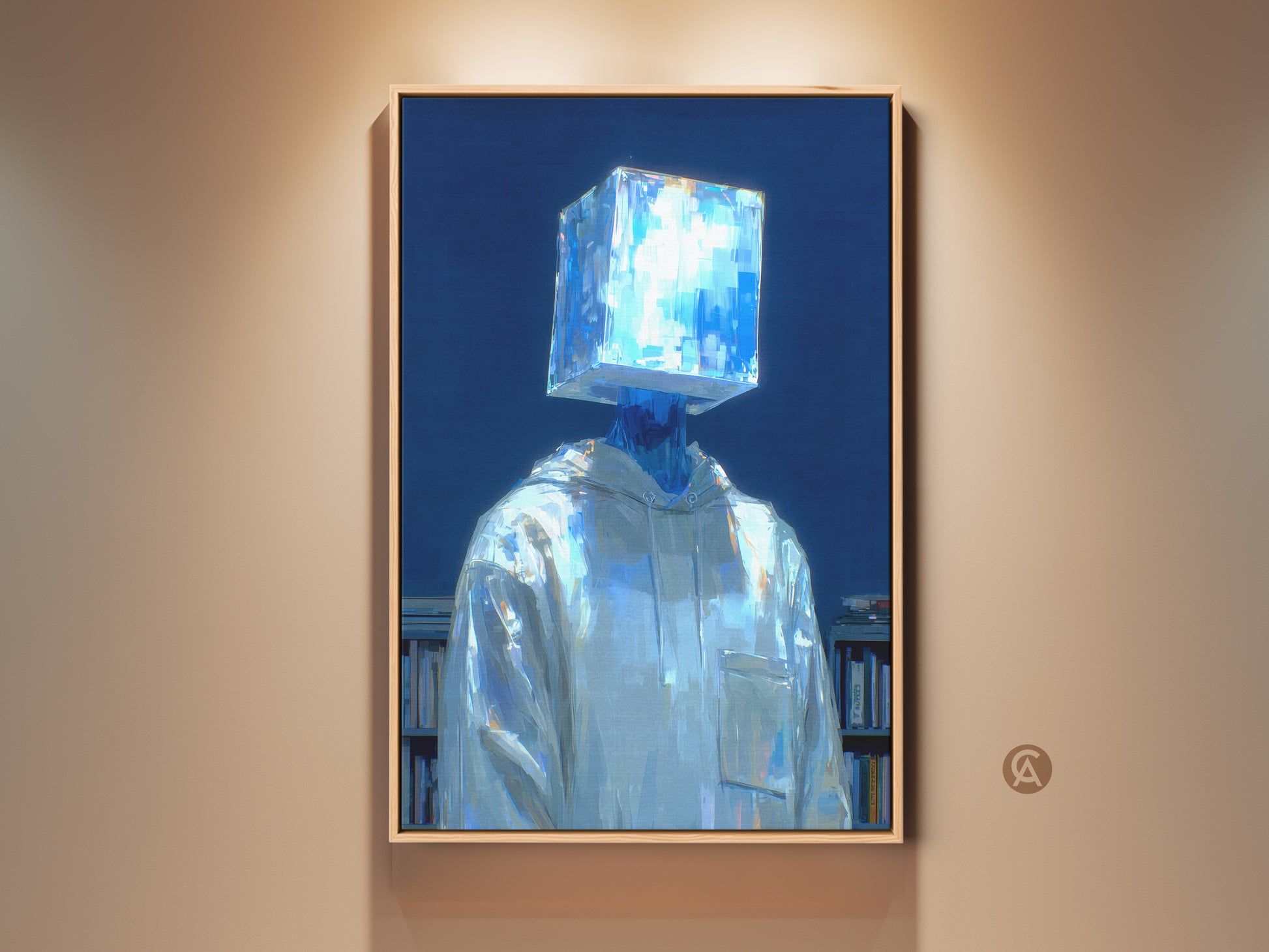 Framed art print featuring a figure with a glowing blue cube head. This unique artwork adds modern style to any room. The figure is wearing a white hoodie and standing in front of a bookshelf. Buy this eye-catching piece today. It is ready to hang.