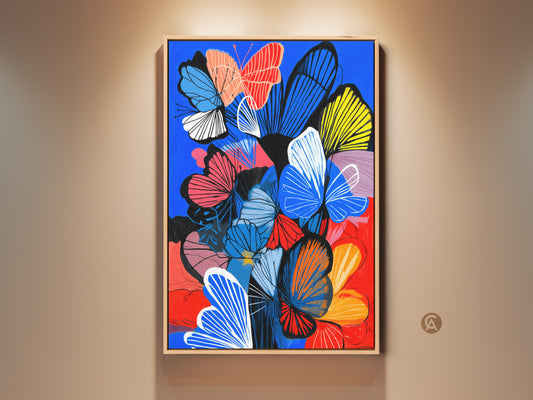 Vibrant butterfly floral artwork on canvas. This piece features an abstract composition with blue yellow and red nature art. Perfect eclectic decor for a living room or bedroom. The unique butterfly painting adds a colorful touch.