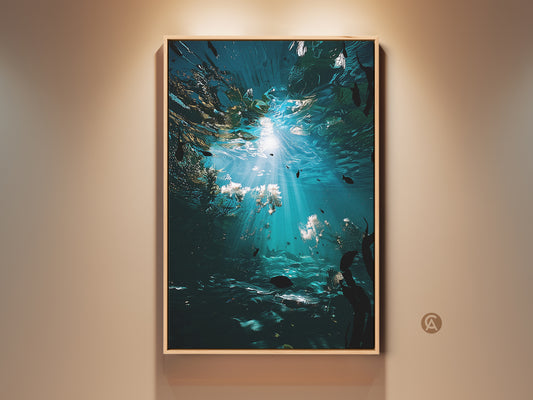 Framed coastal deep blue underwater art. It shows fish and kelp. This ocean scene is a perfect beach lover housewarming gift. The artwork adds a tranquil marine life theme to any residential space.