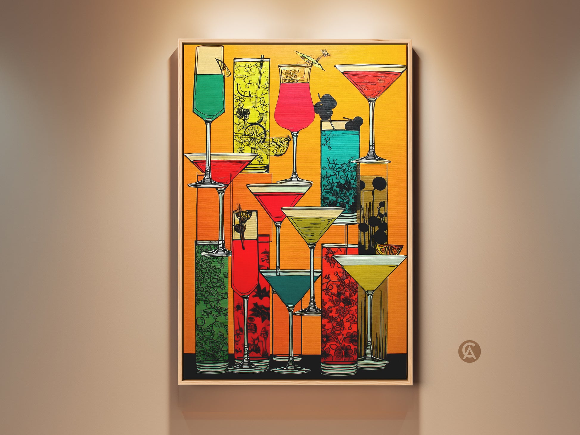Retro cocktail art print on display. The modern folk style is evident with its orange red and yellow hues. A great bar area wall art gift to showcase eclectic home decor. Each abstract drink has a playful fruit garnish. This vibrant artwork enhances any space with a unique visual appeal.