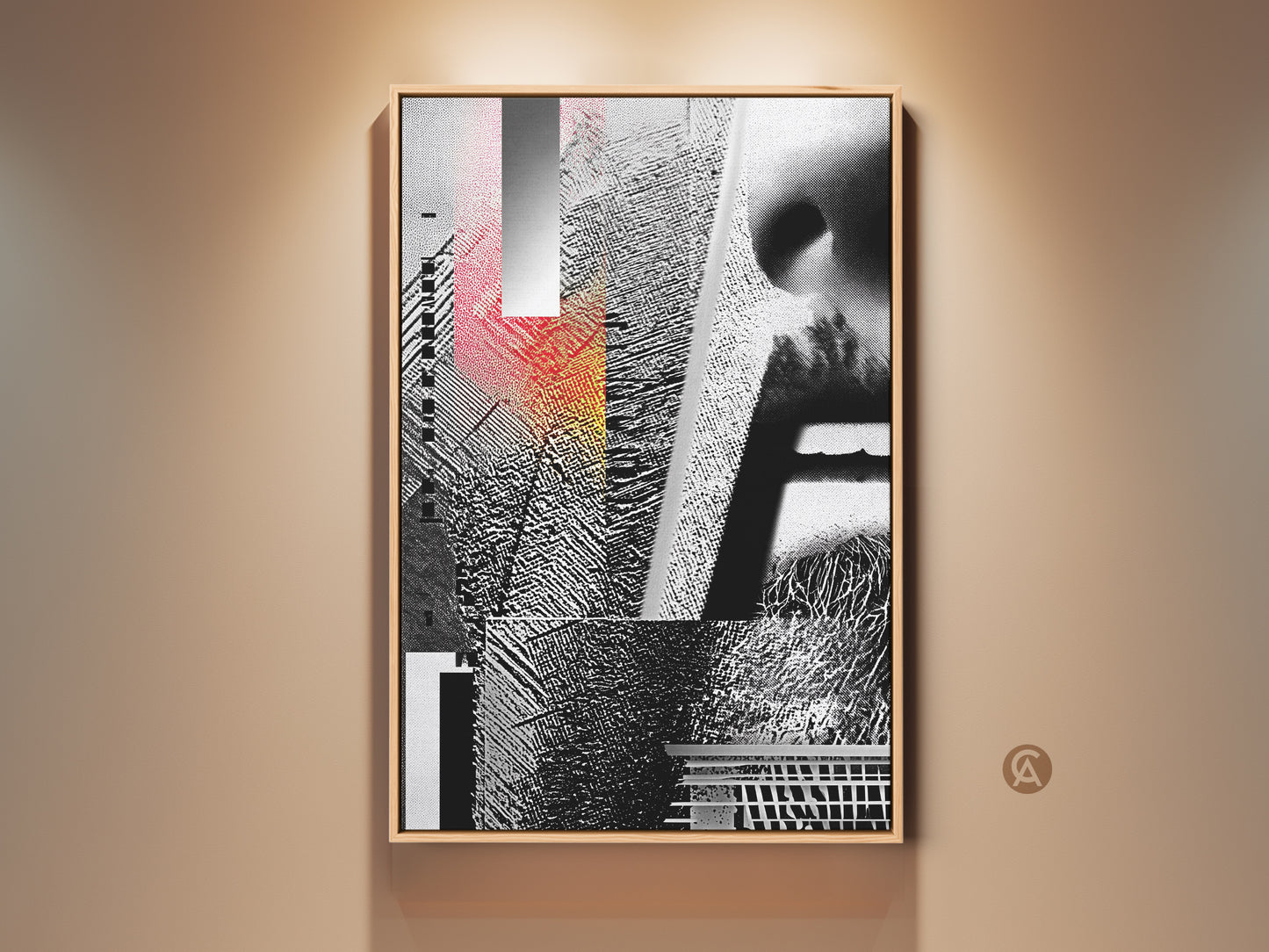 Glitch Art Canvas Print displayed in a living room setting. The abstract geometric face collage features black white and red tones. It is a mixed media wall art piece perfect for modern offices.