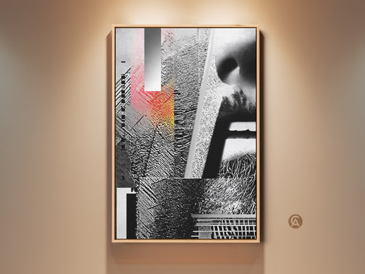 Glitch Art Canvas Print displayed in a living room setting. The abstract geometric face collage features black white and red tones. It is a mixed media wall art piece perfect for modern offices.