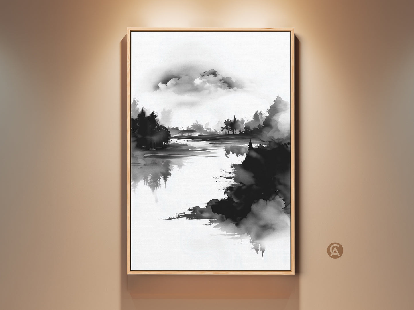 Modern home office art featuring an abstract forest lake. This minimalist ink wash print captures a serene black and white nature scene. The wood frame enhances the artwork's elegant simplicity. A perfect housewarming gift art for serene wall decor.