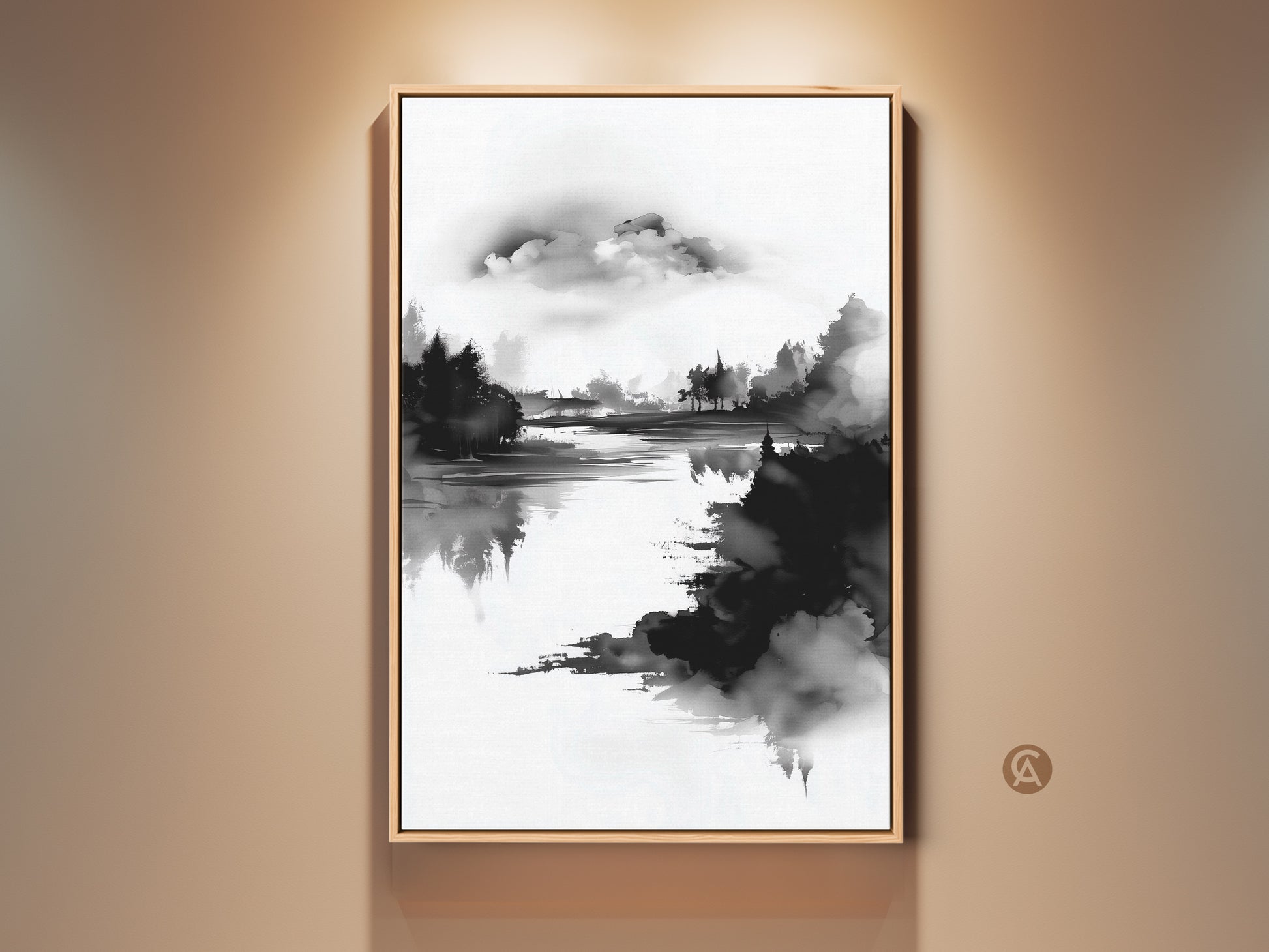 Modern home office art featuring an abstract forest lake. This minimalist ink wash print captures a serene black and white nature scene. The wood frame enhances the artwork's elegant simplicity. A perfect housewarming gift art for serene wall decor.