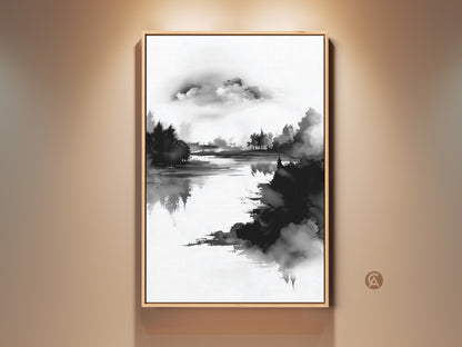 Modern home office art featuring an abstract forest lake. This minimalist ink wash print captures a serene black and white nature scene. The wood frame enhances the artwork's elegant simplicity. A perfect housewarming gift art for serene wall decor.