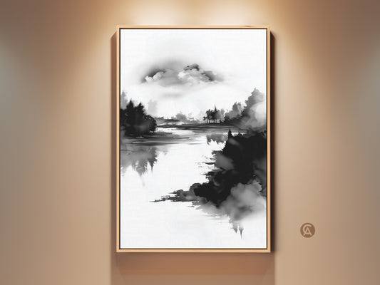 Modern home office art featuring an abstract forest lake. This minimalist ink wash print captures a serene black and white nature scene. The wood frame enhances the artwork's elegant simplicity. A perfect housewarming gift art for serene wall decor.