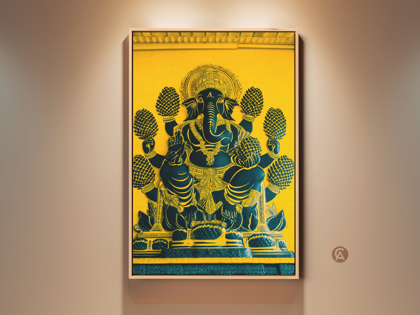 Framed yellow and teal Ganesha canvas print. This traditional Indian Elephant God wall art adds spiritual charm. The gold accents enhance this unique home decor piece. A perfect gift for a friend. The artwork embodies eclectic spiritual art with religious mythology.