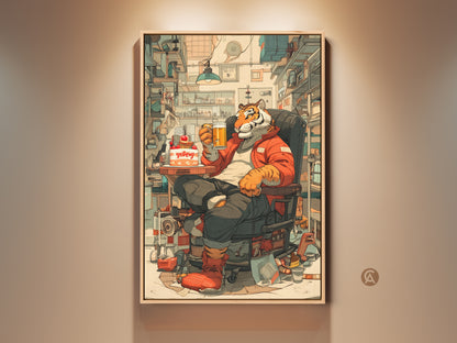 Framed funny tiger art print. This artwork features a tiger enjoying beer and cake in an eclectic room. Ideal as office wall decor or a unique birthday gift for animal lovers. The retro cartoon style adds humor to any space.