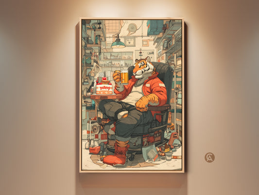 Framed funny tiger art print. This artwork features a tiger enjoying beer and cake in an eclectic room. Ideal as office wall decor or a unique birthday gift for animal lovers. The retro cartoon style adds humor to any space.