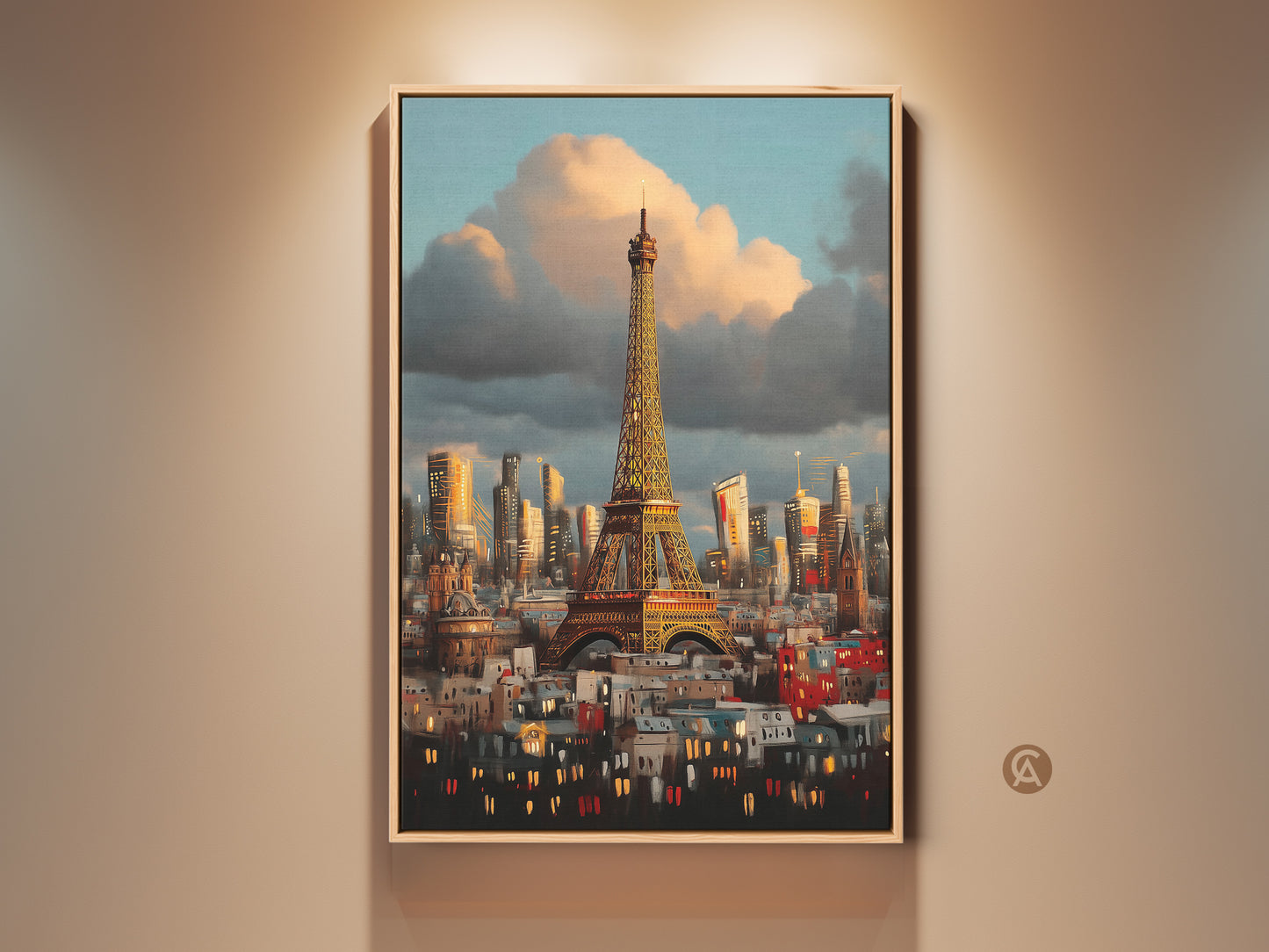 Framed Impressionist Eiffel Tower art print on display. Paris skyline canvas art with blue orange and golden yellow tones. A contemporary artwork perfect for home decor or as an anniversary gift.