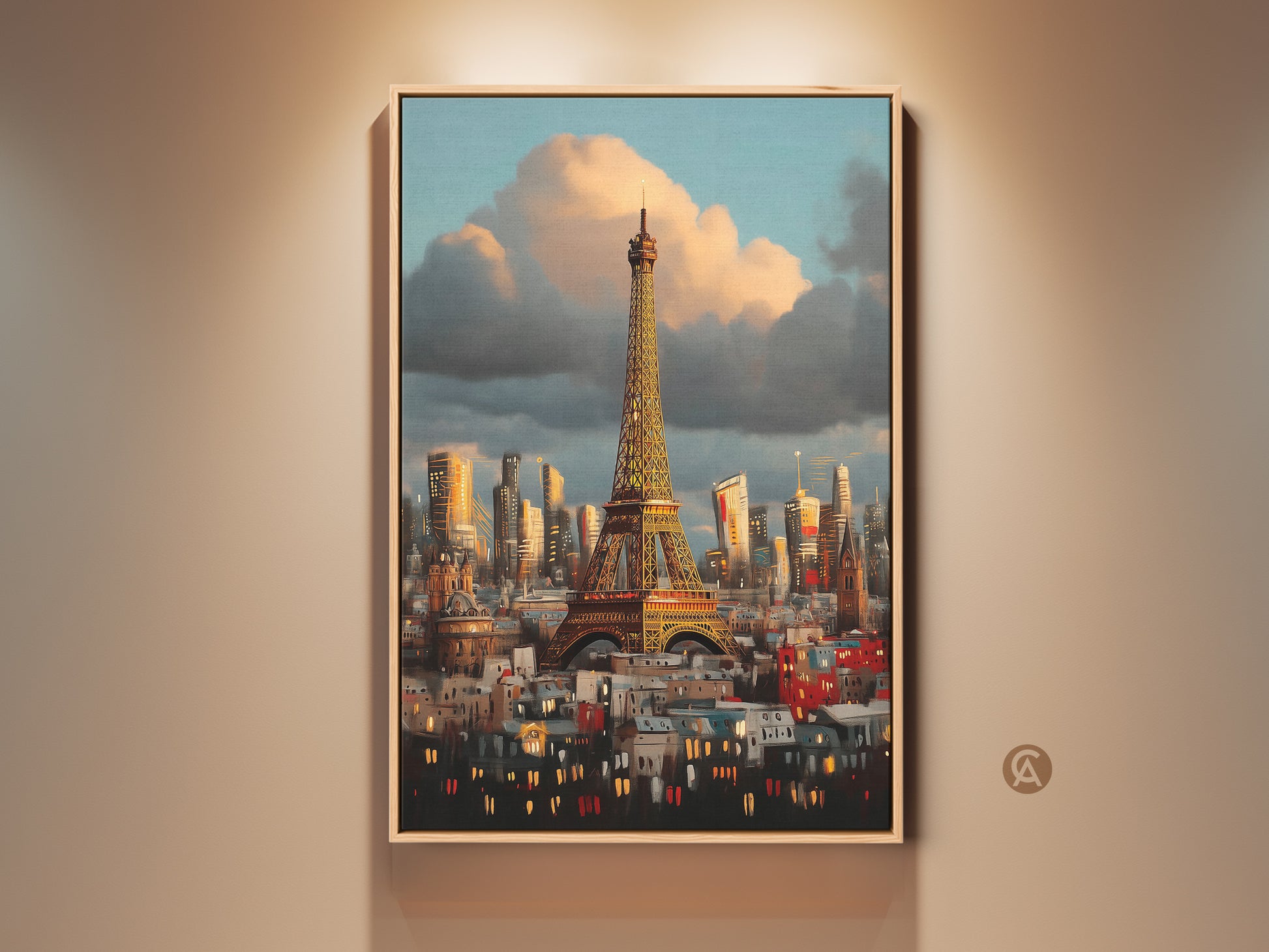 Framed Impressionist Eiffel Tower art print on display. Paris skyline canvas art with blue orange and golden yellow tones. A contemporary artwork perfect for home decor or as an anniversary gift.