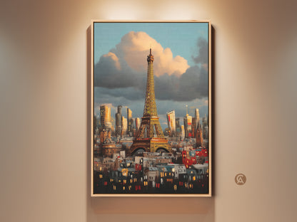 Framed Impressionist Eiffel Tower art print on display. Paris skyline canvas art with blue orange and golden yellow tones. A contemporary artwork perfect for home decor or as an anniversary gift.
