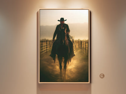 Cowboy on Horseback Canvas Print. A rustic Western art piece perfect as a Father's Day gift. Sepia tones bring a vintage feel. It's ideal for a study room or living space adding Western charm. This cinematic artwork captures the essence of the Wild West.
