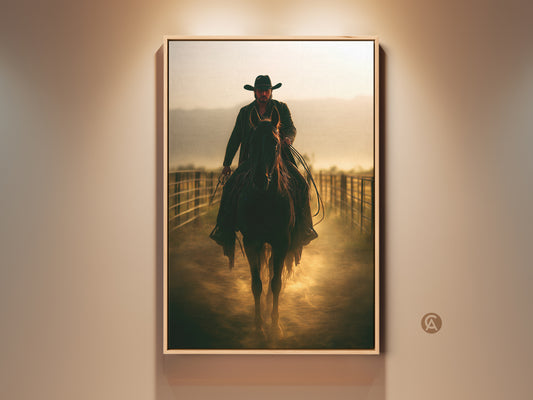 Cowboy on Horseback Canvas Print. A rustic Western art piece perfect as a Father's Day gift. Sepia tones bring a vintage feel. It's ideal for a study room or living space adding Western charm. This cinematic artwork captures the essence of the Wild West.
