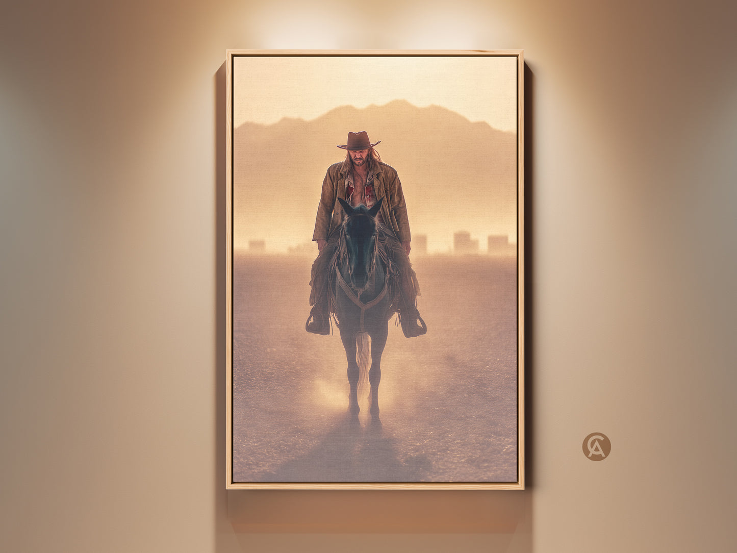 Rustic western canvas print featuring a cowboy riding horseback. Goldenrod orange and tan hues create a warm landscape art. Perfect study room wall decor. This photorealistic artwork embodies the spirit of the Wild West. Bring adventure and rugged charm to your space with this western man gift.
