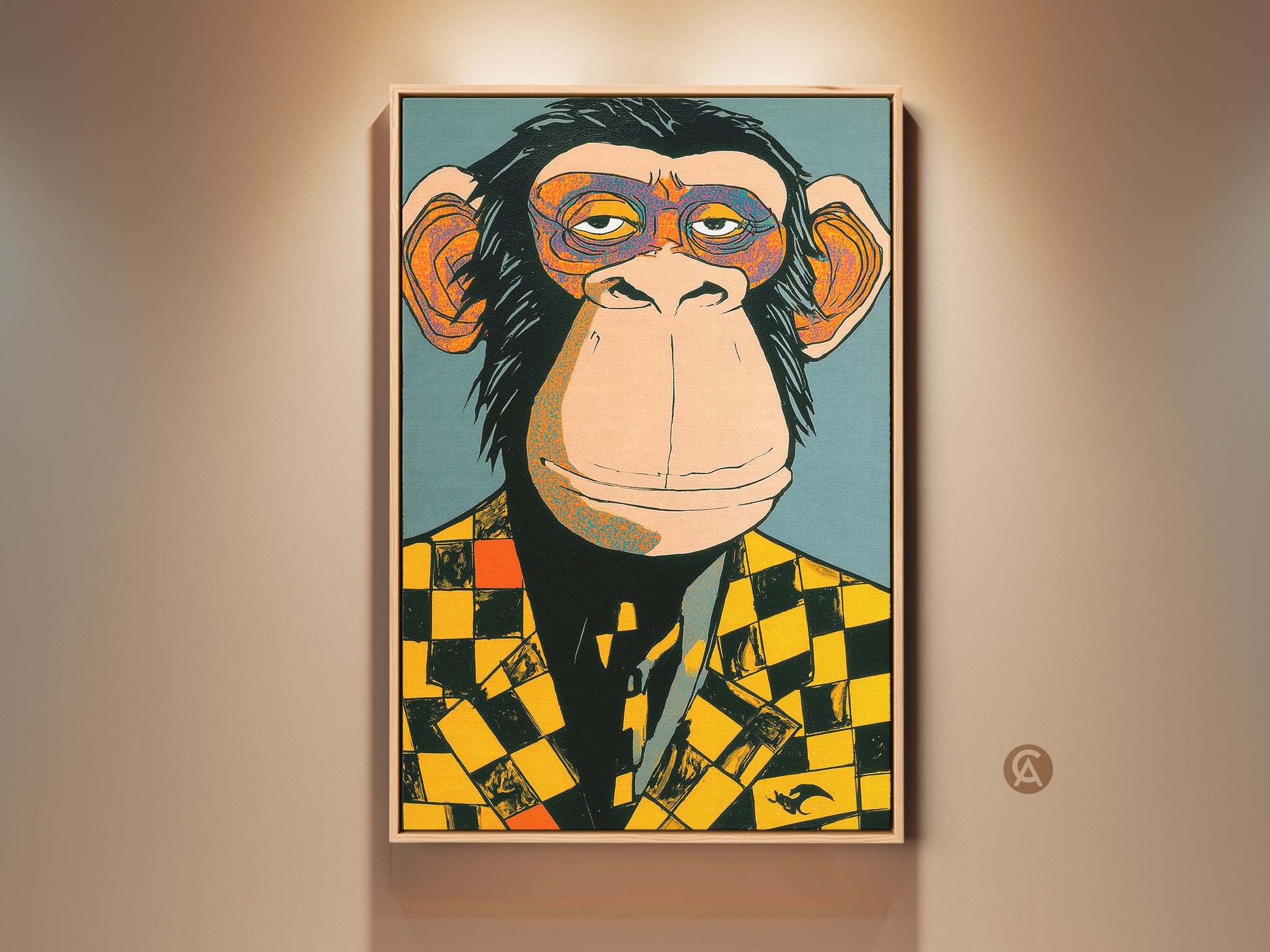 A captivating chimp artwork showcases a monkey in a stylish checker blazer. The vibrant colors and detailed brushstrokes bring this unique character to life. This portrait adds a touch of humor to any wall. Perfect for art lovers seeking a playful yet sophisticated piece.