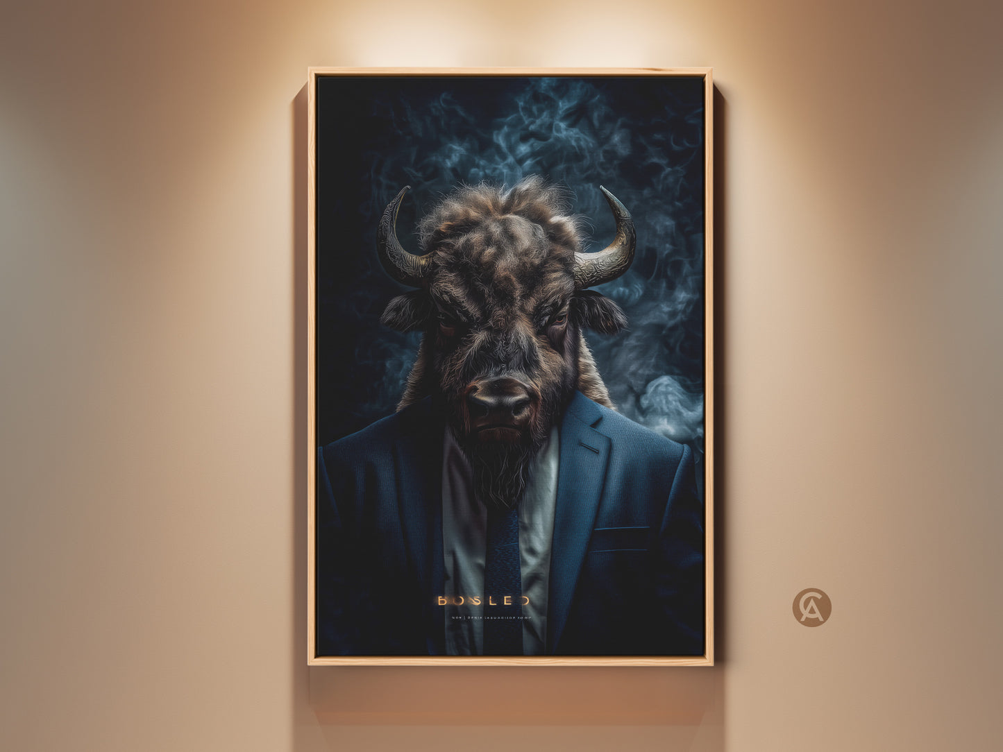 Framed artwork of a buffalo head on a man in a suit. This is a digital painting. It is modern and surreal. The painting would look great in any office or home.