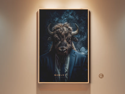 Framed artwork of a buffalo head on a man in a suit. This is a digital painting. It is modern and surreal. The painting would look great in any office or home.