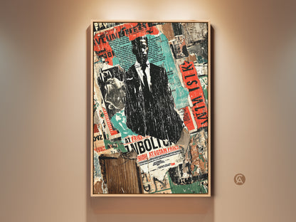Framed view of a Man in Suit Collage Art Print. The urban street art features torn posters and an industrial office wall decor style. The artwork blends black red and teal tones. This gritty modern art piece enhances any office or workspace.