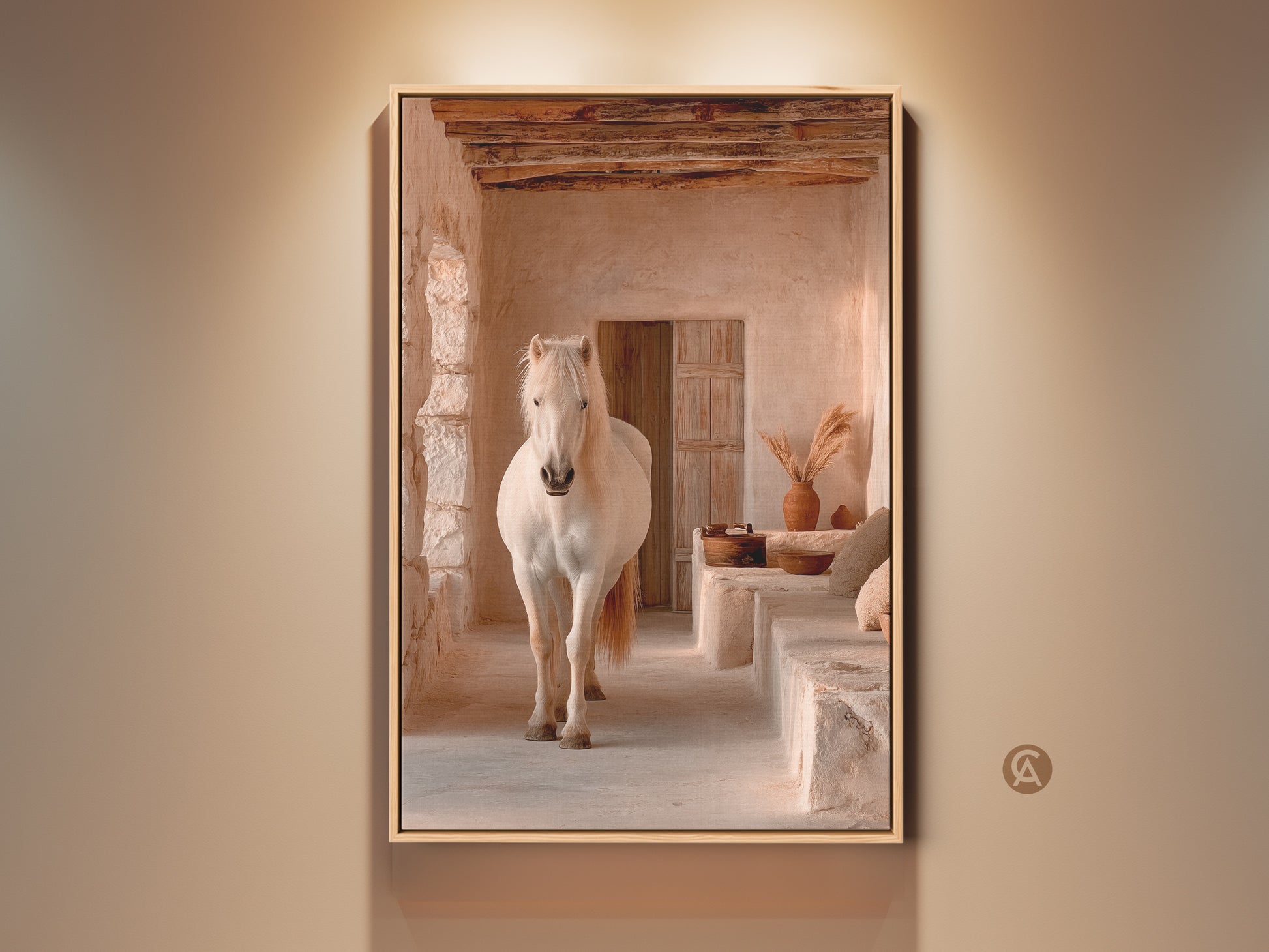 Framed boho horse wall art print. A cream tan beige horse stands in a rustic interior. This animal nature artwork enhances bedroom or living room decor. A unique housewarming gift for horse lovers. The canvas print embodies neutral tones and farmhouse charm.