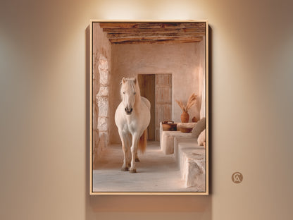 Framed boho horse wall art print. A cream tan beige horse stands in a rustic interior. This animal nature artwork enhances bedroom or living room decor. A unique housewarming gift for horse lovers. The canvas print embodies neutral tones and farmhouse charm.