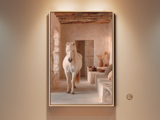Framed boho horse wall art print. A cream tan beige horse stands in a rustic interior. This animal nature artwork enhances bedroom or living room decor. A unique housewarming gift for horse lovers. The canvas print embodies neutral tones and farmhouse charm.
