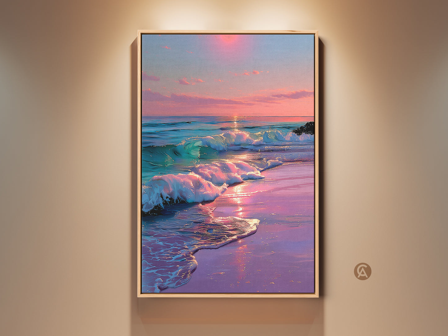 Framed beach sunset wall art. Coastal canvas print with pink purple teal ocean waves. Dreamy landscape painting hangs on a beige wall. Perfect for bedroom coastal decor.