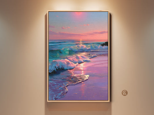 Framed beach sunset wall art. Coastal canvas print with pink purple teal ocean waves. Dreamy landscape painting hangs on a beige wall. Perfect for bedroom coastal decor.