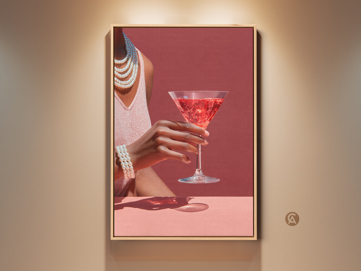 Glamour Cocktail art print. A rose martini is highlighted with pearls. This art deco bar decor is contemporary kitchen wall art. Perfect gift for cocktail lovers. The rose-hued cocktail with pearl jewelry adds a sophisticated touch to any space.