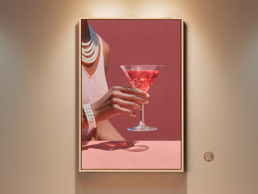 Glamour Cocktail art print. A rose martini is highlighted with pearls. This art deco bar decor is contemporary kitchen wall art. Perfect gift for cocktail lovers. The rose-hued cocktail with pearl jewelry adds a sophisticated touch to any space.