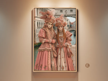 Fine art print showcases two figures in elaborate Venetian carnival costumes. The artwork captures the essence of Venice. The costumes feature feathered headdresses and ornate masks. The Rialto Bridge provides a stunning backdrop. Perfect wall art for adding a touch of Venetian elegance.