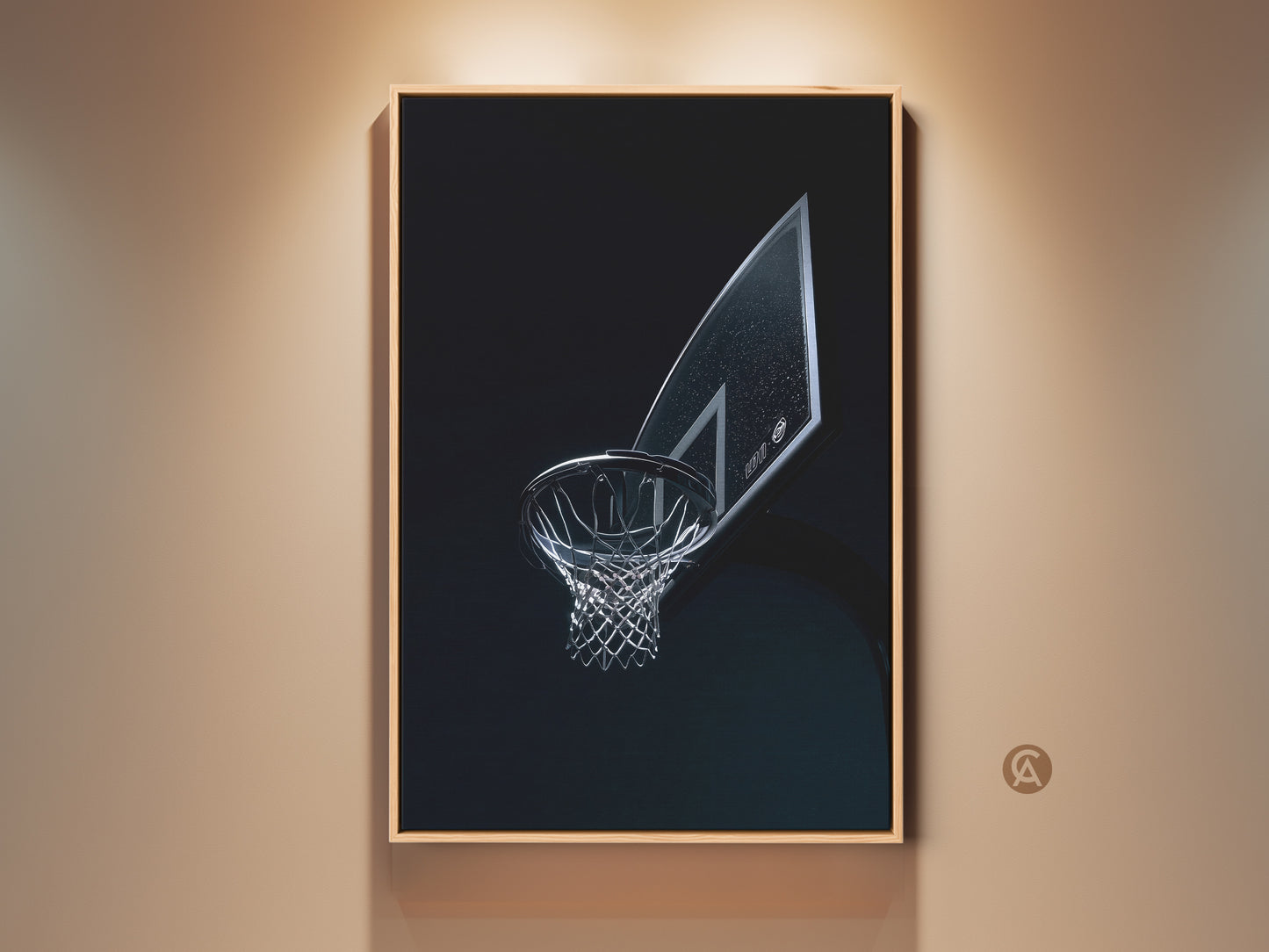 Industrial basketball hoop canvas art print framed in oak. This modern sports artwork makes a cool man cave wall art piece. The dark blue and silver tones offer a minimalist sports action print.