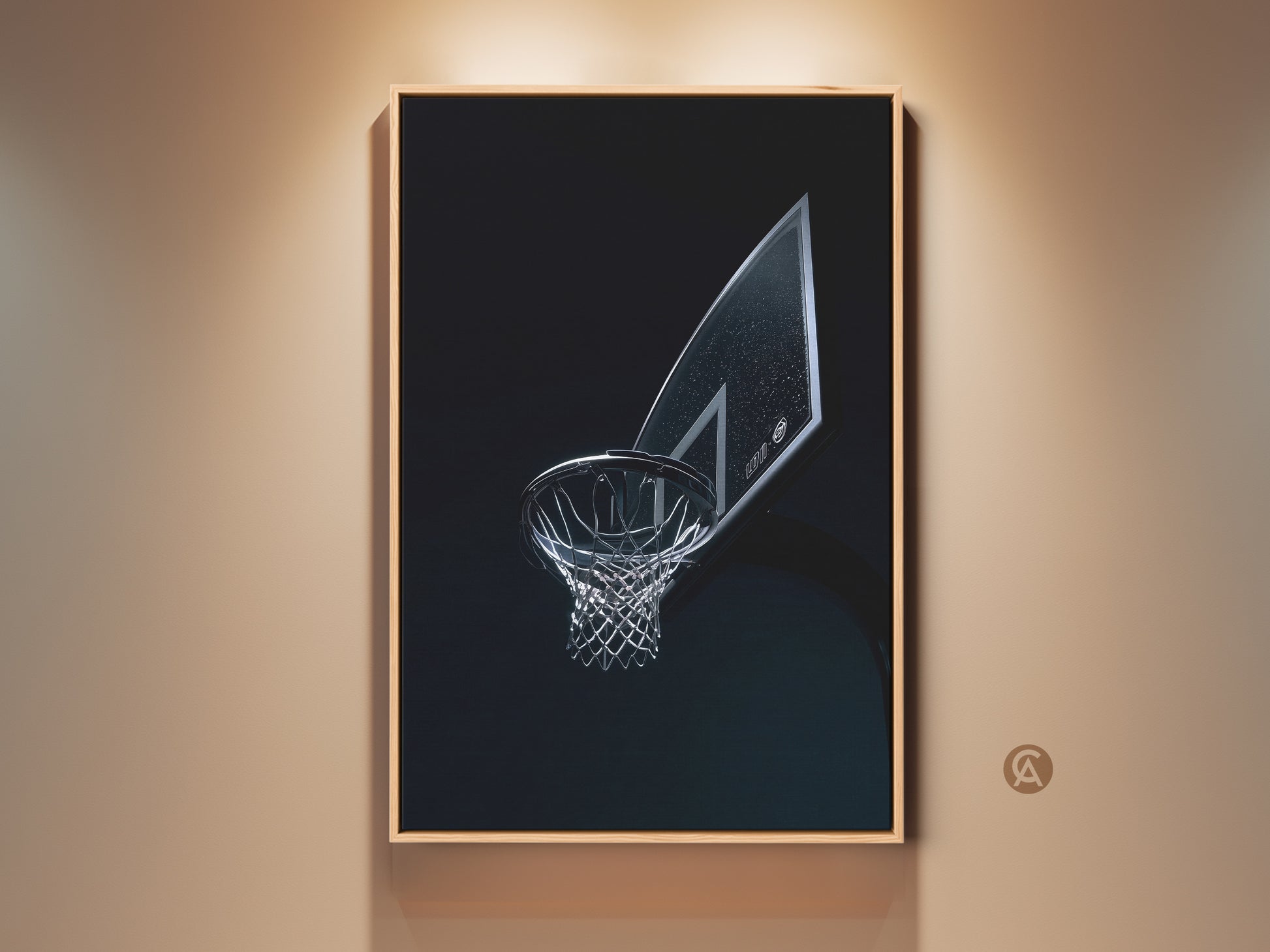 Industrial basketball hoop canvas art print framed in oak. This modern sports artwork makes a cool man cave wall art piece. The dark blue and silver tones offer a minimalist sports action print.