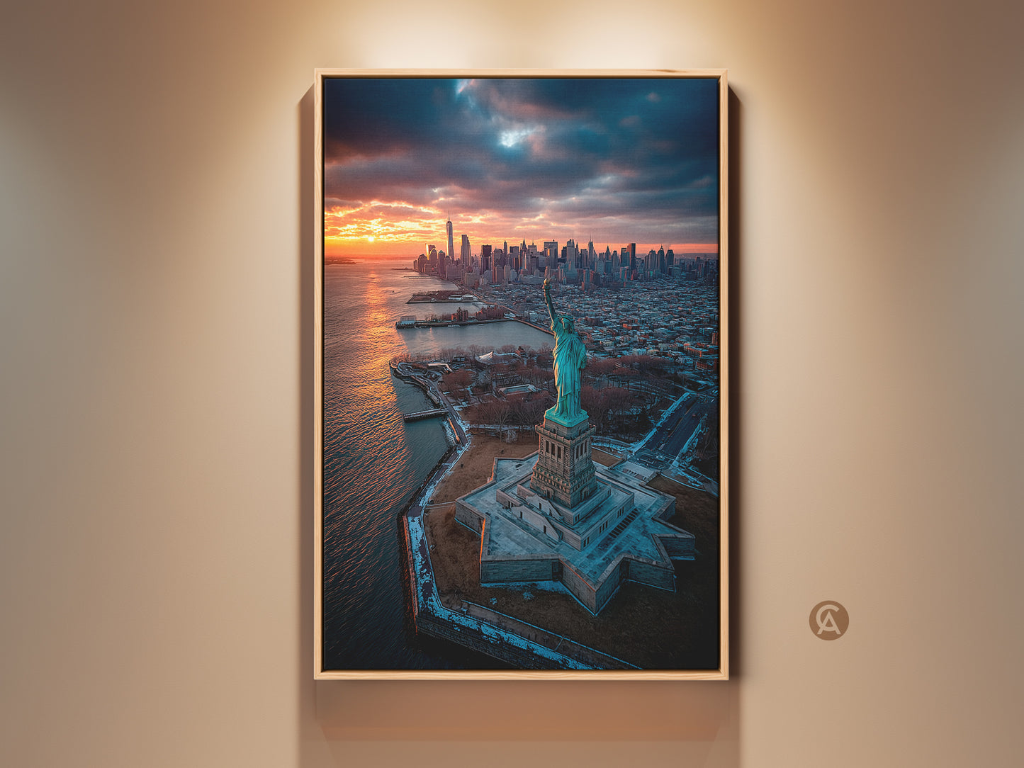This artwork captures the Statue of Liberty. It has a stunning sunset backdrop over the New York City skyline. This aerial view showcases the iconic statue in all its glory. Perfect for adding a touch of American pride to any space.