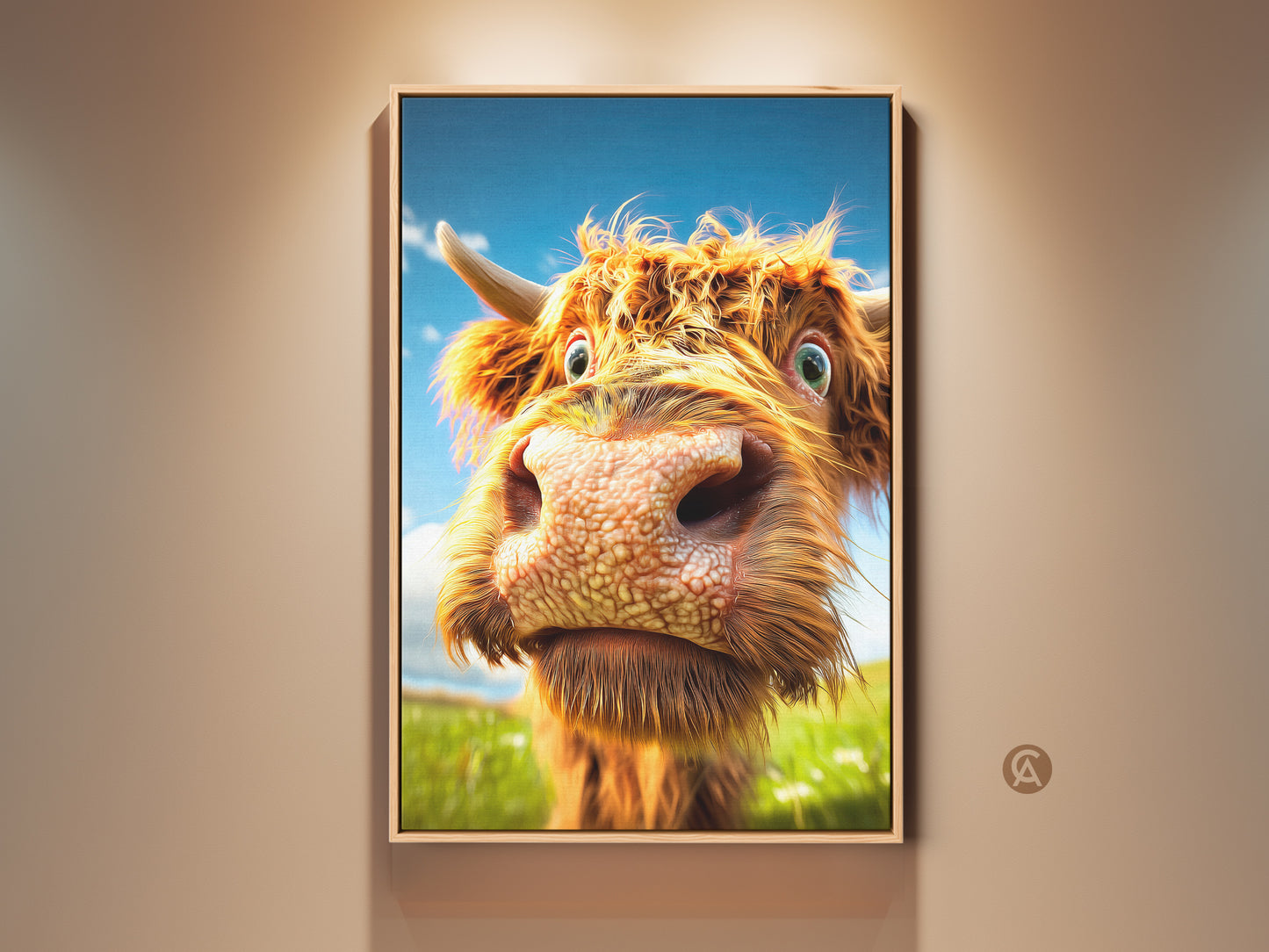Framed Farmhouse Highland Cow art. This fluffy cow face canvas wall decor adds rustic charm to any room. The orange and brown tones bring warmth. It is a unique home art gift.