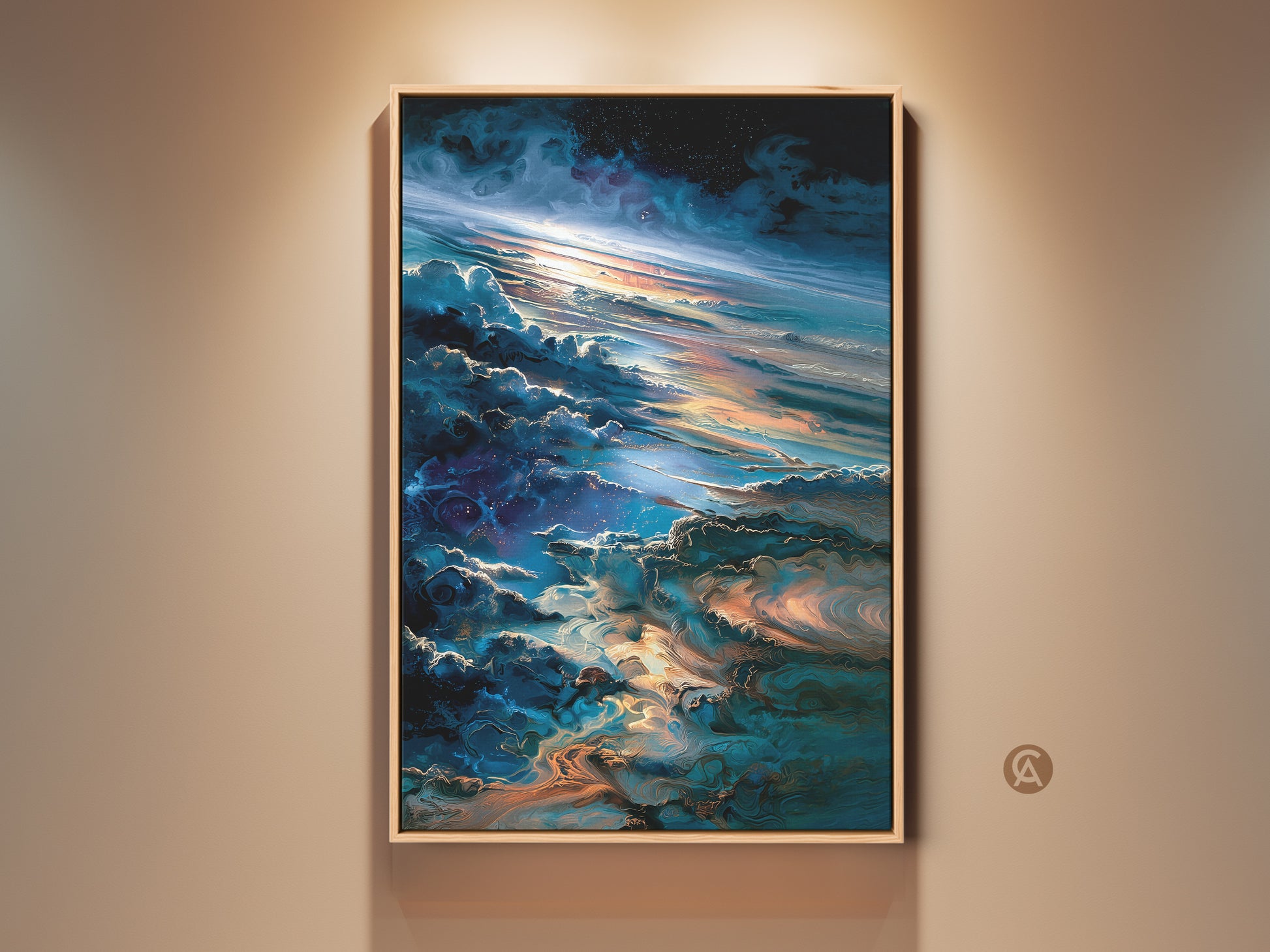 Framed space cloudscape art print. View the artwork with a natural wood frame. This wall art enhances living rooms. The print features vibrant colors and intricate cosmic details. Perfect for adding a touch of celestial beauty to any space. Buy framed canvas art for your home decor.