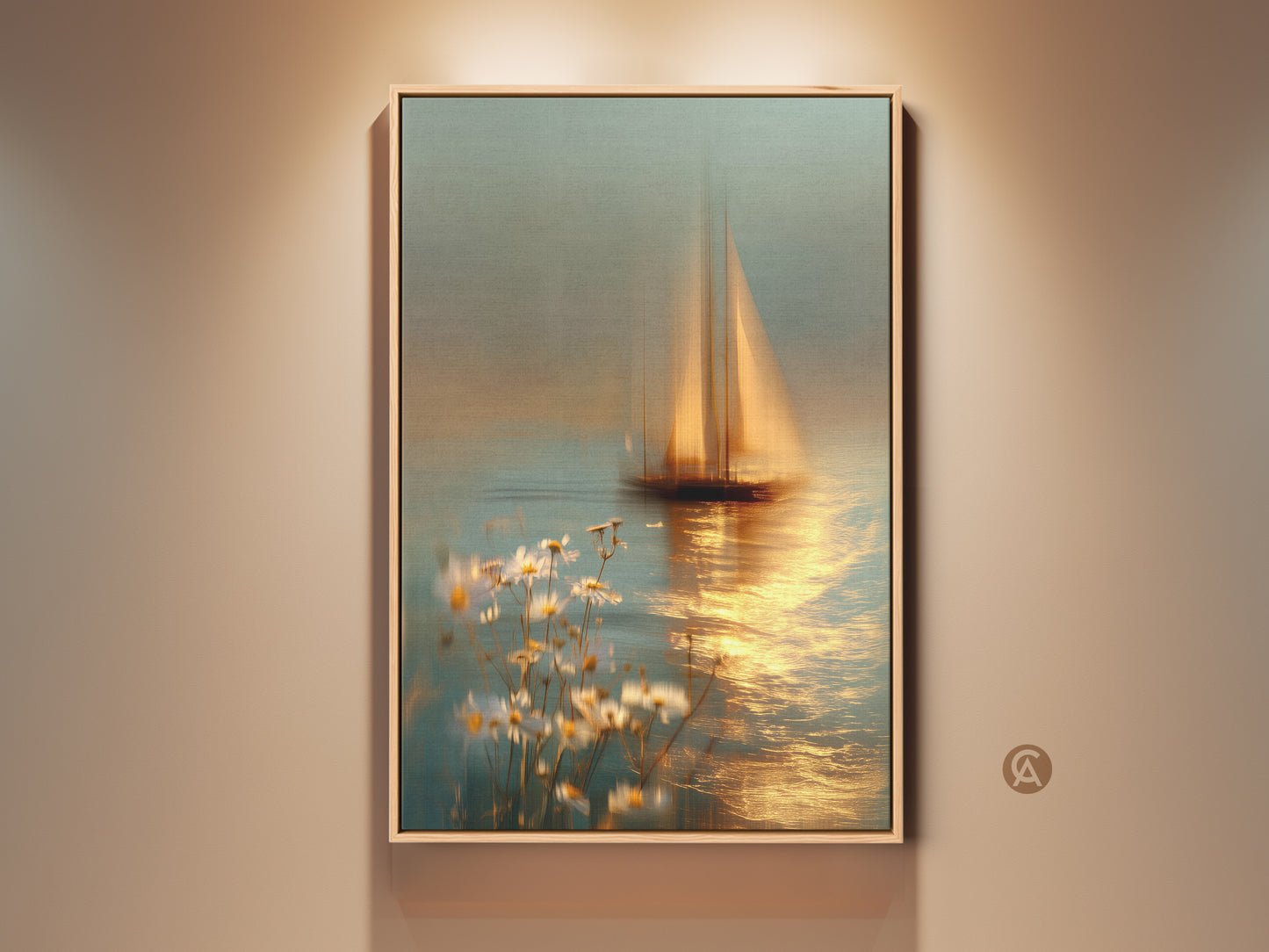 Framed Blue Gold Sailboat artwork with Coastal Daisies. Impressionistic seascape canvas art for your bedroom. This nautical artwork features calming teal and gold tones. Perfect housewarming gift for sea and floral art lovers. It adds a serene coastal aesthetic to any room.