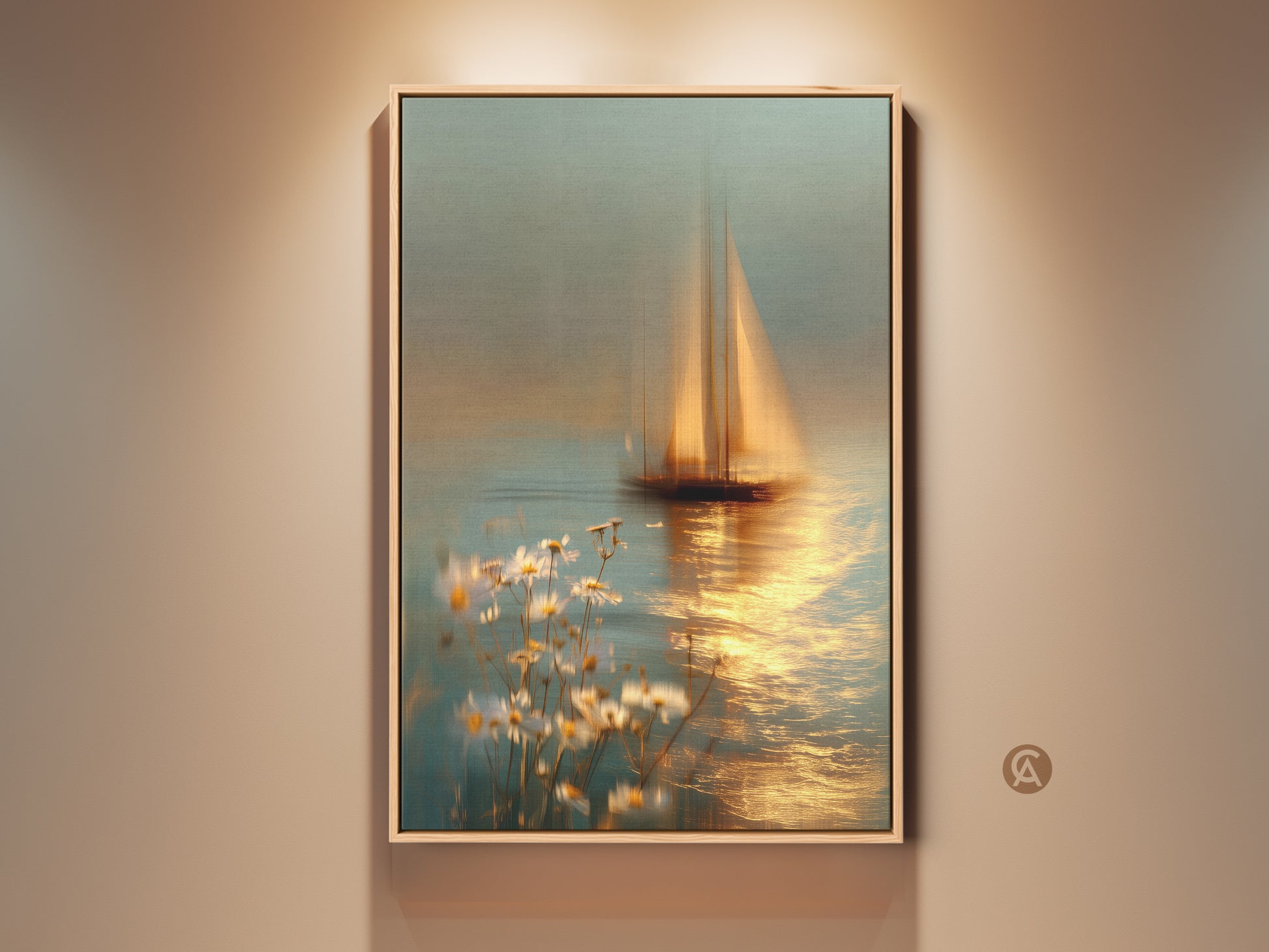 Framed Blue Gold Sailboat artwork with Coastal Daisies. Impressionistic seascape canvas art for your bedroom. This nautical artwork features calming teal and gold tones. Perfect housewarming gift for sea and floral art lovers. It adds a serene coastal aesthetic to any room.