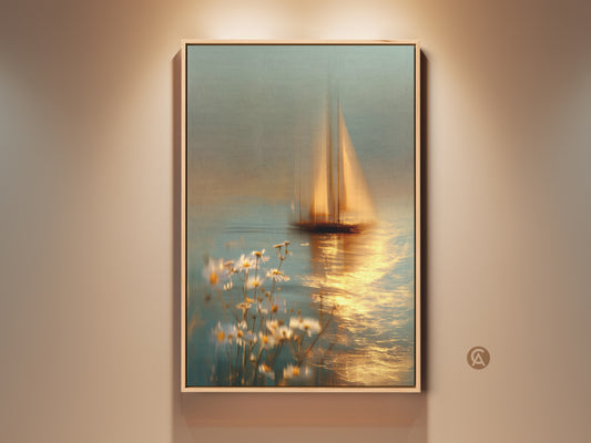 Framed Blue Gold Sailboat artwork with Coastal Daisies. Impressionistic seascape canvas art for your bedroom. This nautical artwork features calming teal and gold tones. Perfect housewarming gift for sea and floral art lovers. It adds a serene coastal aesthetic to any room.