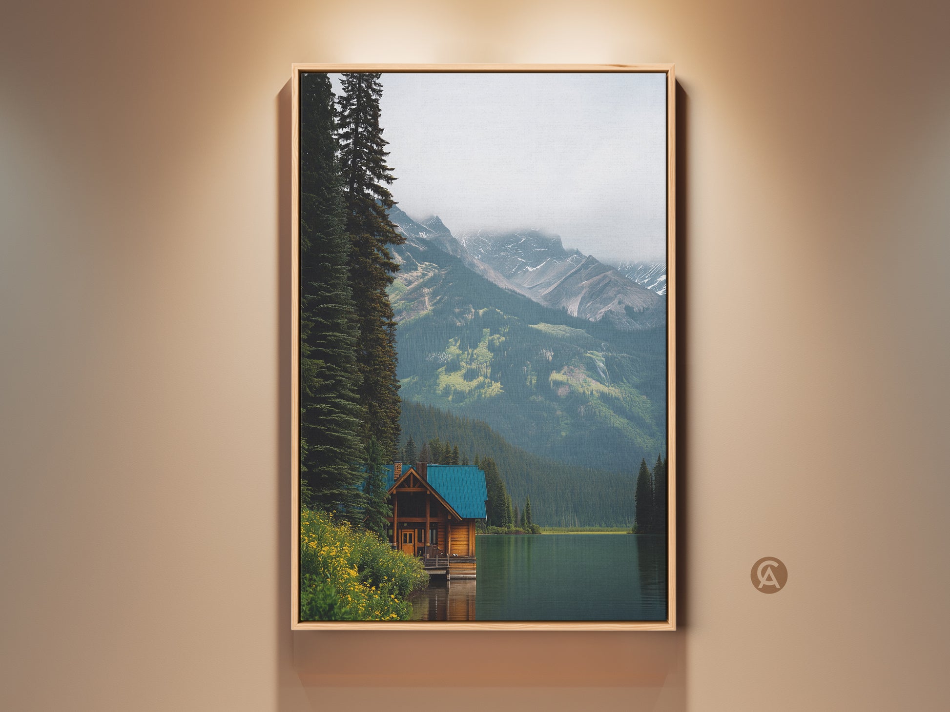 Framed Forest Mountain Lake Canvas Art. A rustic cabin sits by a serene lake surrounded by forest trees. This deep blue nature wall decor brings the beauty of the outdoors into your home. Perfect for farmhouse bedroom artwork.