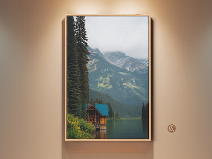 Framed Forest Mountain Lake Canvas Art. A rustic cabin sits by a serene lake surrounded by forest trees. This deep blue nature wall decor brings the beauty of the outdoors into your home. Perfect for farmhouse bedroom artwork.