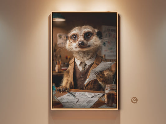 Framed anthropomorphic meerkat art is on display. This canvas print features a vintage professor look. The wildlife lover gift is perfect for office study or library decor. The warm ochre brown tones enhance any wall. It has a photorealistic style and is a unique home decor item.