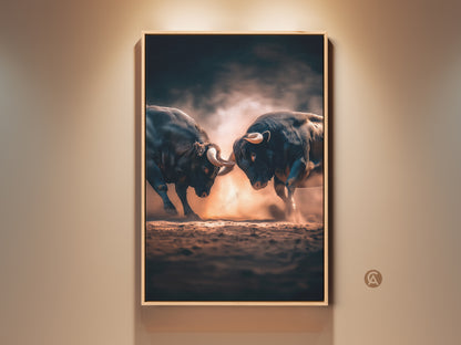 Dramatic bull fight artwork. Two powerful bulls clash in a cloud of dust. This framed canvas art brings intensity to any space. Perfect for lovers of wildlife and animal artwork.